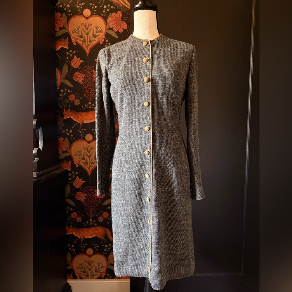Vintage Mancini of California Dress 50s 60s Gray Textured Long Sleeve Buttons - Picture 1 of 8
